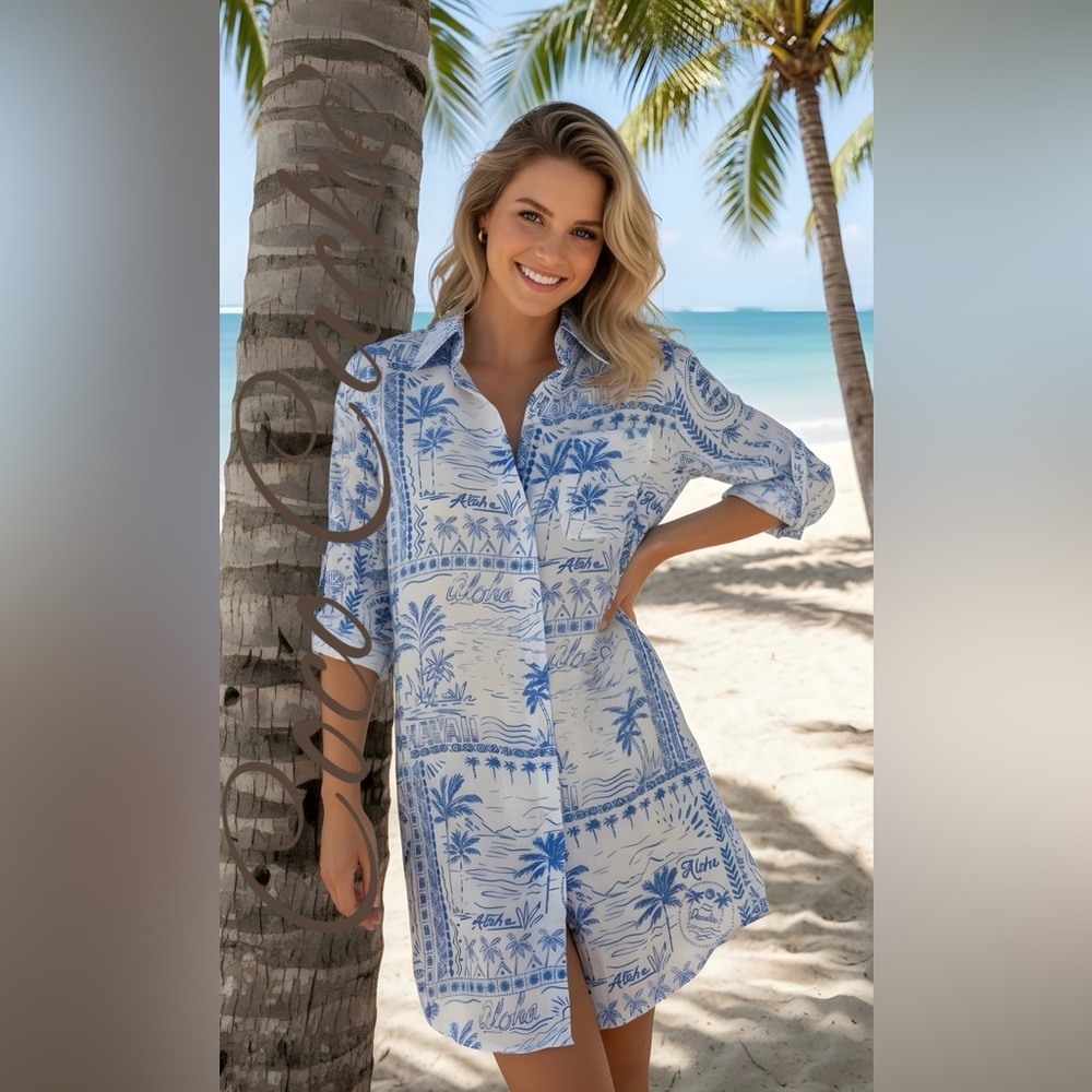 Blue and White Tropical Print Shirt Long Sleeve Oversized Shirt Dress